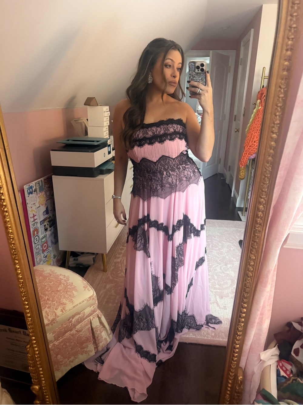 Romantic Strapless Pink Lace-Trim Evening Gown